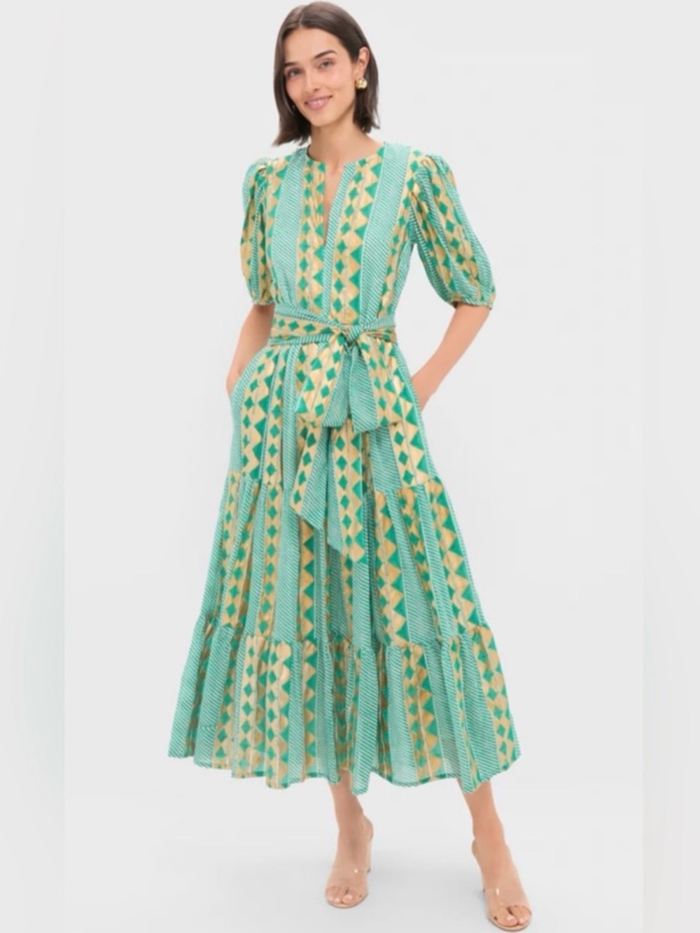 Oliphant Green and Yellow Geometric Tiered Maxi Dress